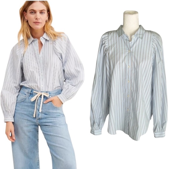NEW Anthropologie x Rails Livy Light Blue Hampton Stripe Print Blouse - L - Picture 1 of 16